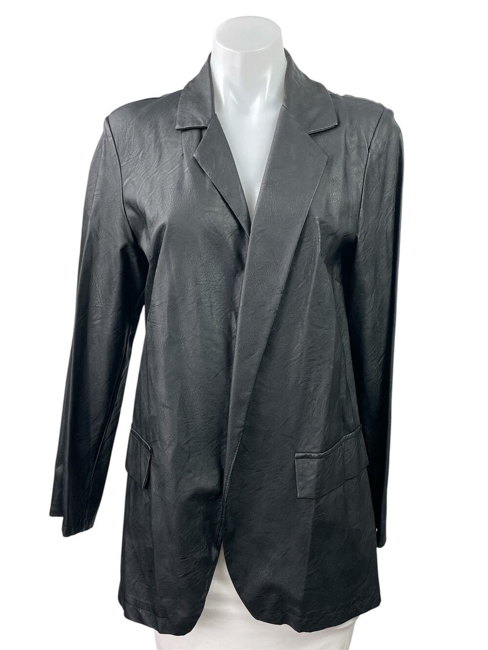 Womens Black Faux Vegan Leather Long Sleeve Pockets Blazer Coat Jacket Size L